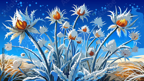 Close-up of frozen wildflowers covered in hoarfrost, shining against the blue sky