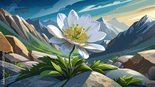 A delicate alpine wildflower blooming between mountain rocks, detailed close-up showing soft petals and morning dew, illuminated by gentle sunlight, symbolizing purity, resilience, and mountain beauty