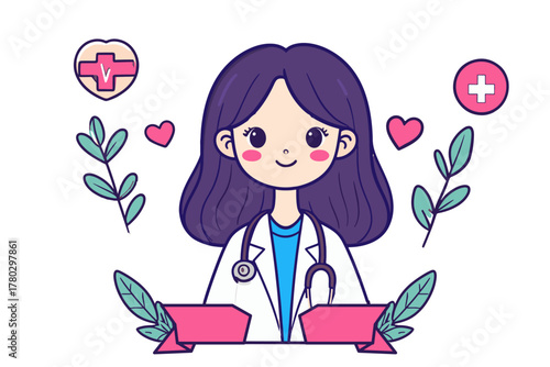 Empathetic Female Doctor with Stethoscope, Hearts, and Foliage Illustration