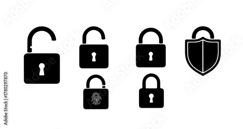 Vector icons for digital security open, closed, biometric padlocks, and a protective shield symbol, representing data safety and privacy management