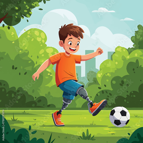 A cheerful young boy with a prosthetic leg kicking a soccer ball in a vibrant green park on a sunny day.