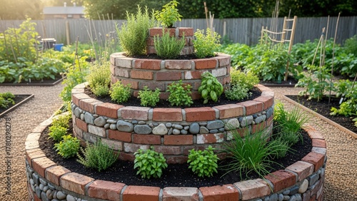 Tiered Herb Garden Bed Made of Brick and Stones with Lush Greenery