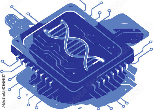 DNA data chip vector illustration, featuring a microscopic DNA helix structure integrated into a microchip with circuit board elements, symbolizing advanced biotechnology and data storage