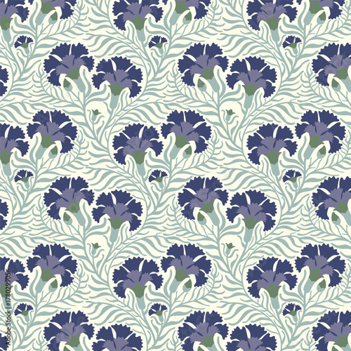 Seamless Art Nouveau floral pattern featuring stylized purple carnations and swirling green stems. An elegant, rhythmic, and intricate botanical illustration, perfect for vintage textiles.
