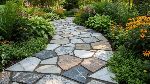 Curving Flagstone Path Meandering Through Lush Garden with Vibrant Flowers and Greenery