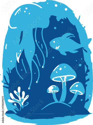 Deep sea Bio-luminescent organism vector illustration featuring glowing jellyfish and mushrooms with a fish silhouette in an underwater cave environment