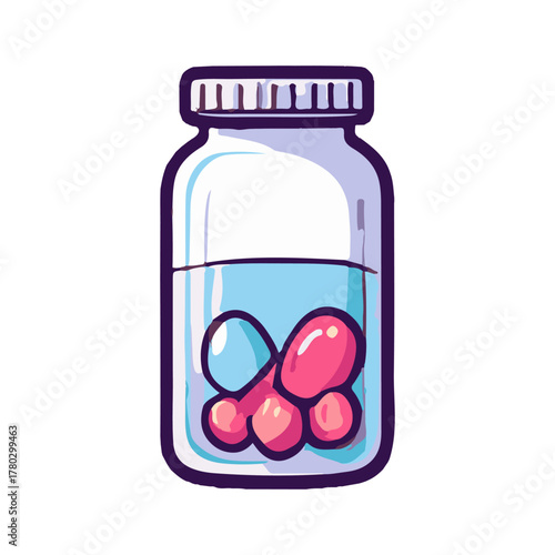Illustrated medical container with capsules and tablets for a pharmacy or healthcare concept, representing treatment and wellness