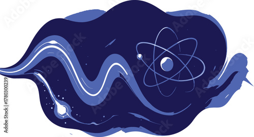 Quantum particle wave abstract illustration, featuring an atom, nebula, and dynamic energy flow in a deep space blue color palette