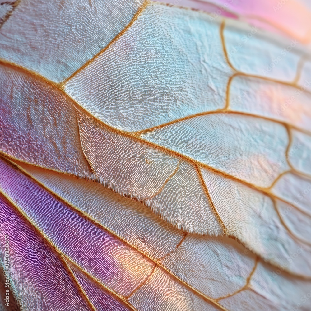 Naklejka premium Ethereal macro detail of a shimmering fantasy wing with iridescent pastel colors and delicate glowing veins