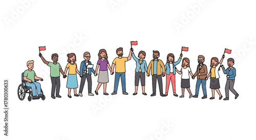 Diverse group of people standing in a line holding flags on a white background with a celebratory mood.