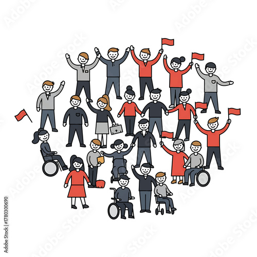 Illustration of a diverse group of people with various abilities holding red flags on a white background