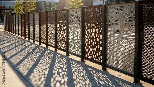 Wallpaper Mural Modern Perforated Metal Fence Creates Dappled Sunlight Shadows on Pavement Torontodigital.ca