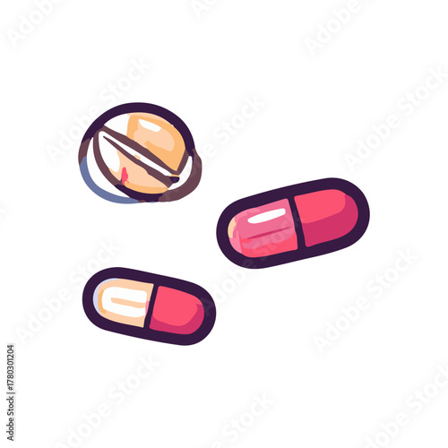 Assortment of Medicine Various Pills and Capsules Depicted with Artistic Brushstrokes and Outlines for Health or Medical Concepts
