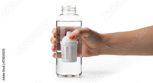 A clear water bottle with a white filter inside is held by a hand against a white background