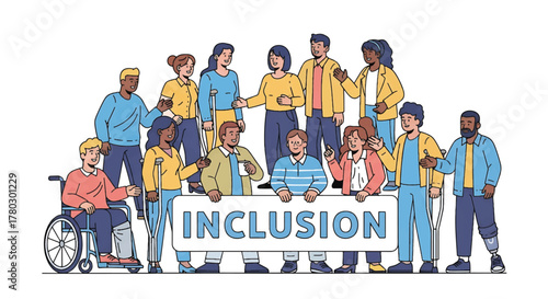 Diverse group of people standing and sitting behind an 'INCLUSION' sign in a colorful illustration with a clean white background.