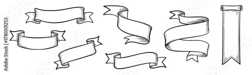 Vintage ribbon banner collection illustration. Hand-drawn vector set of scrolls and decorative ribbons for labels, retro design, and text frame. 