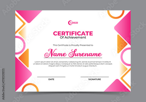 Certificate of achievement template with pink and orange geometric