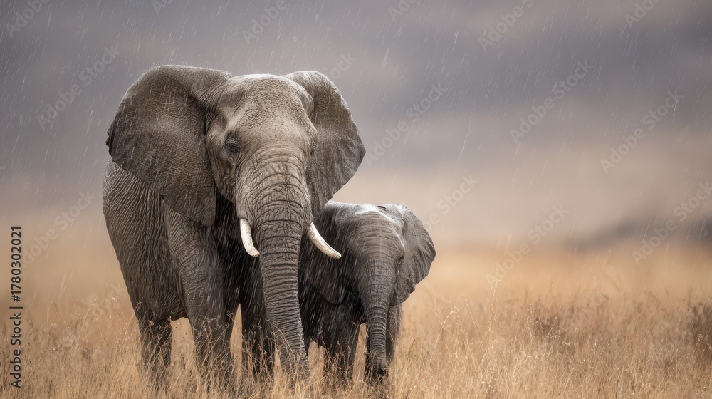 Obraz premium African elephants walking through dry grass under a cloudy sky