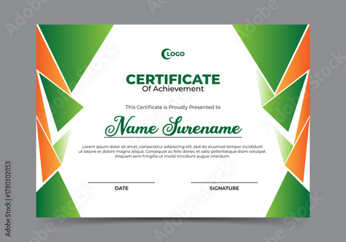 Certificate of achievement template with orange and green polygonal