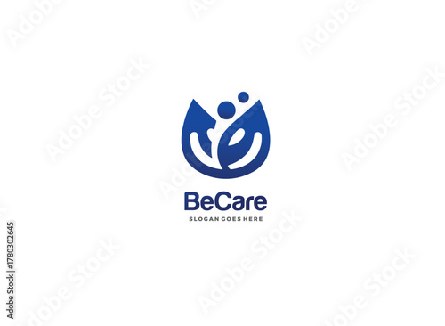 BeCare Logo Design with Human Figure and Leaf Shape in Blue Color