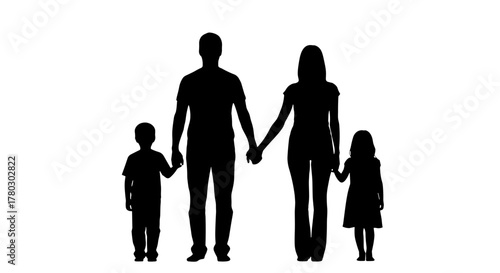 Silhouette of a traditional family of four holding hands together on a white background