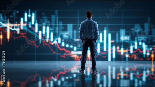 Market crash recession financial crisis. Inflation risk management. Stock market global economy. Economic collapse. A person observing a digital stock market graph with declining trends.