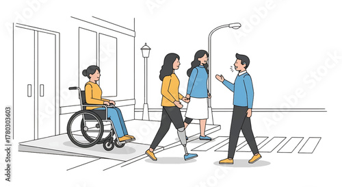 Line drawing of a diverse group of people walking on a sidewalk with one person in a wheelchair.