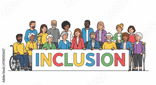 Diverse group of people standing behind a sign with the word 'INCLUSION' in a colorful, illustrative style on a white background.