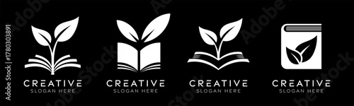 Set of natural book logo design templates. Modern isolated leaf with city design for education, nature and sustainability.