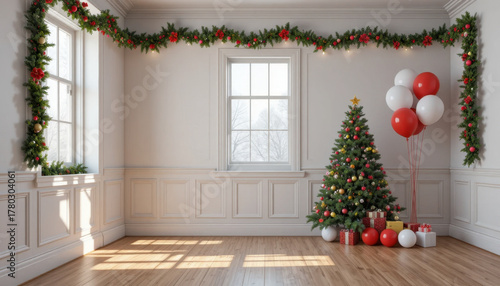 Festive room with Christmas tree, garlands, and balloons creating joyful holiday atmosphere. room features wooden flooring and large windows, enhancing bright and cheerful decor