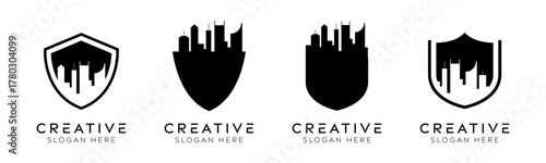 Set of city shield logo design templates. Modern isolated shield with city design for protection, stability and urban.