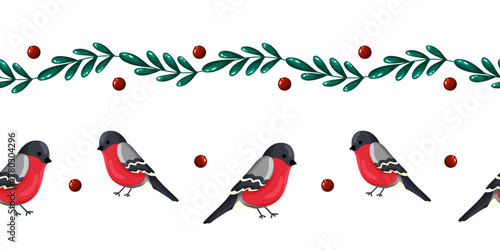 Set of Two Seamless Borders with Green Twigs and Bullfinch Birds