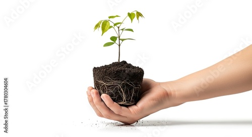 A hand holds a clump of dirt with visible roots and a small green plant with leaves against a bright white background