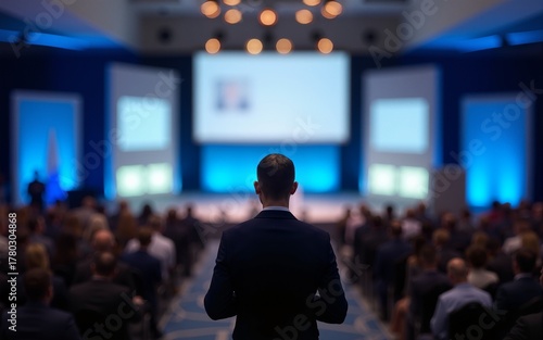 Blurred background of a speaker's podium at a professional conference. High quality