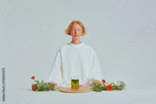 Modern Young Woman Meditating with Herbal Tea Authentic Lifestyle and Wellness Marketing Content for Social Media