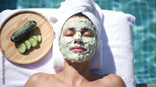 Woman Wearing Green Face Mask with Cucumber Slices Resting Beside Her on a White Towel by a Blue Pool During Daytime