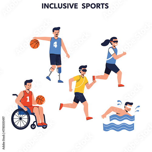 Illustration of diverse athletes with disabilities participating in various sports with a white background and vibrant colors.