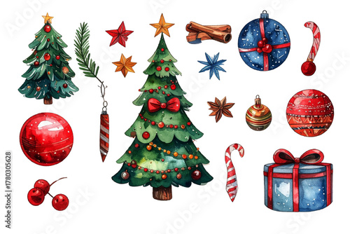watercolor christmas on the winter season. christmas tree, ball, star, pine, giftbox