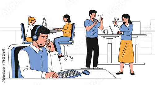 Illustration of office workers in various activities with computers and headsets in a modern workspace.