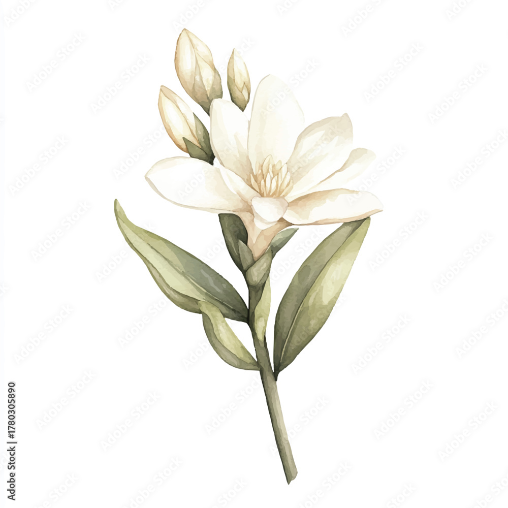 Obraz premium Elegant watercolor illustration of a white freesia flower with buds and green leaves.