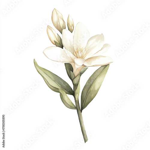 Elegant watercolor illustration of a white freesia flower with buds and green leaves.