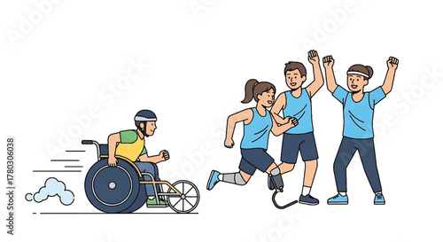 Illustration of a diverse group of people running and cheering together with one person in a wheelchair on a white background.