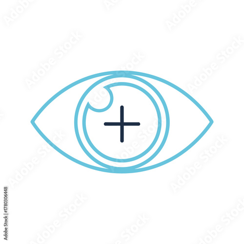 Simple outline of an eye with a plus symbol in the pupil