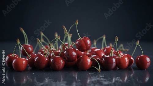 Macro shot of ripe red cherries with green stems on dark surface cherry fruit
