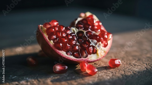 Macro shot of glistening red pomegranate arils on textured surface seeds juicy