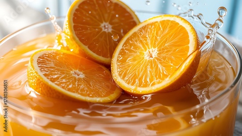 Sliced Oranges Splashing into Orange Juice in Glass Bowl citrus fruit