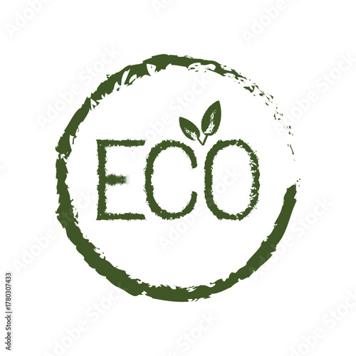 Eco food stamp. Isolated vector illustration in circle shape with grunge texture. Text and leaves. Laconic design for your business