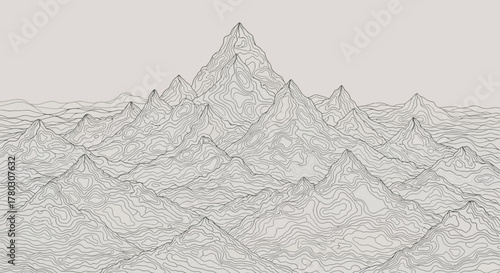 Abstract digital topographic map of mountainous terrain with varying peaks and valleys, showcasing a detailed wireframe landscape