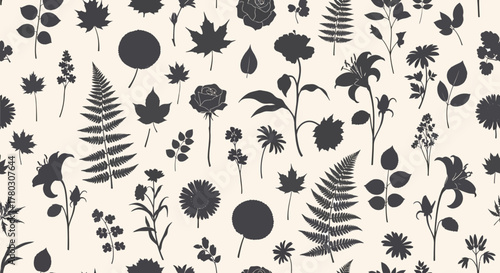 Botanical Illustration Seamless Pattern of Various Silhouette Flowers and Leaves