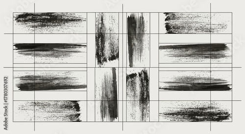 Versatile collection of distressed ink brush strokes for artistic design projects and digital graphic textures, perfect for adding grunge and abstract elements